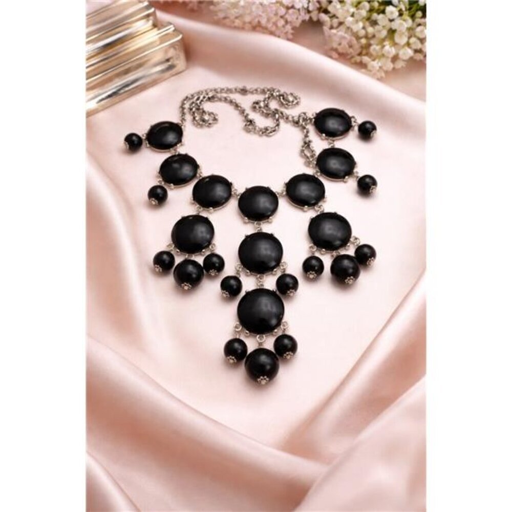 Vintage Black Cabochon Statement Necklace Silver Tone Bib Dangle 26 In Bold Y2K